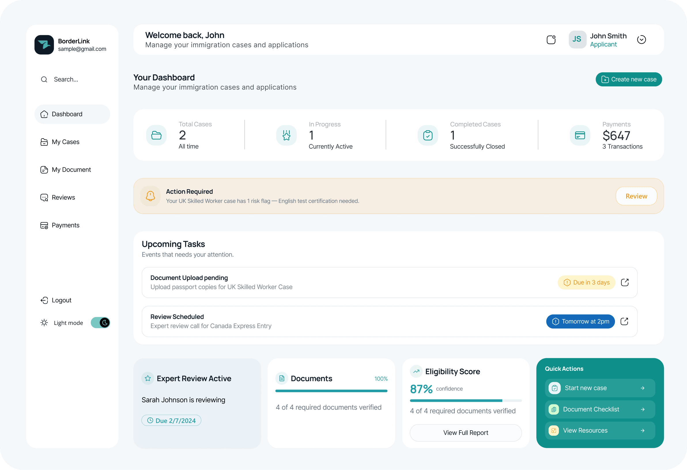 Dashboard preview showing immigration case management interface